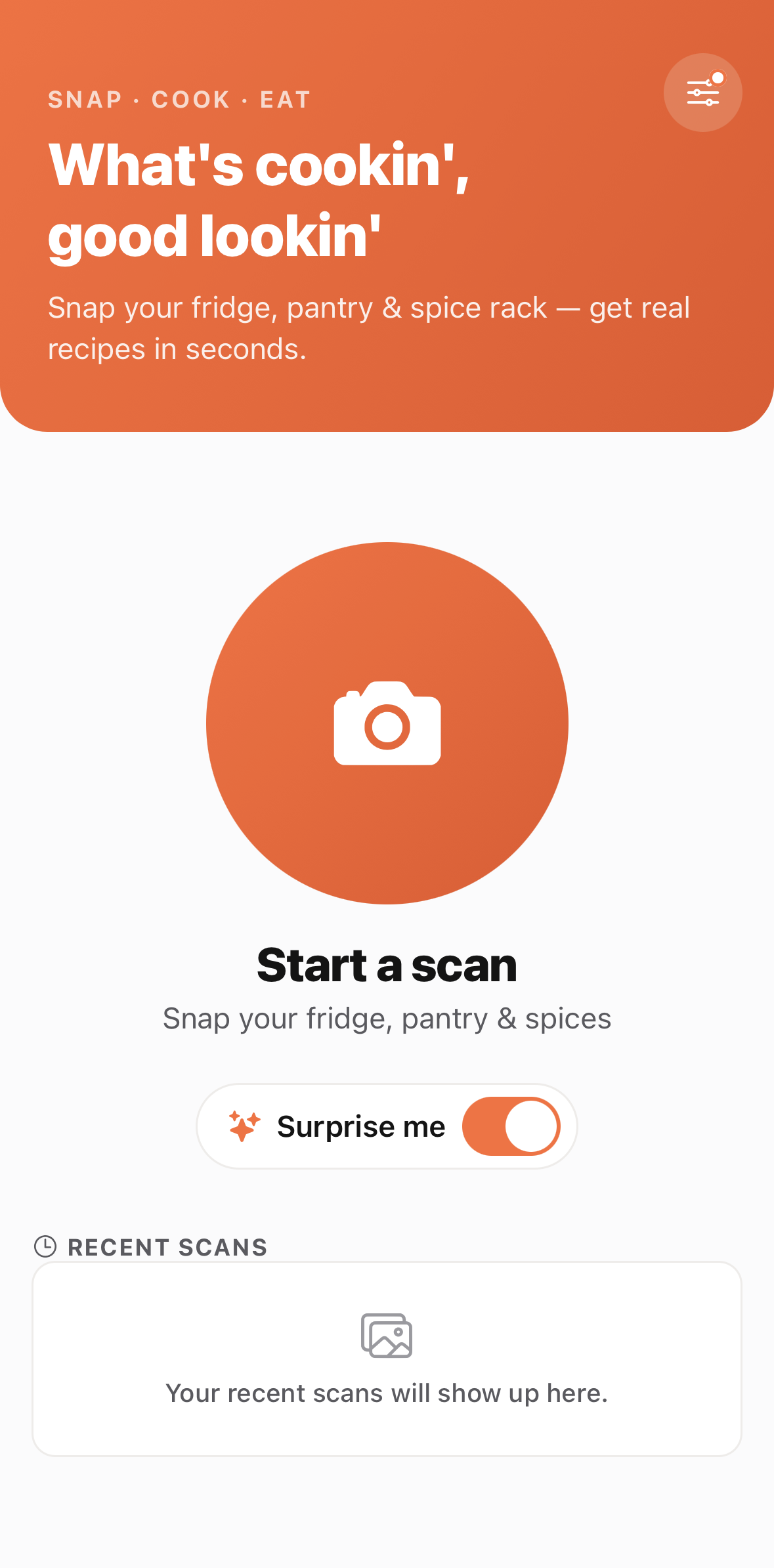 What's Cooking? app home screen with a big camera button to start a scan